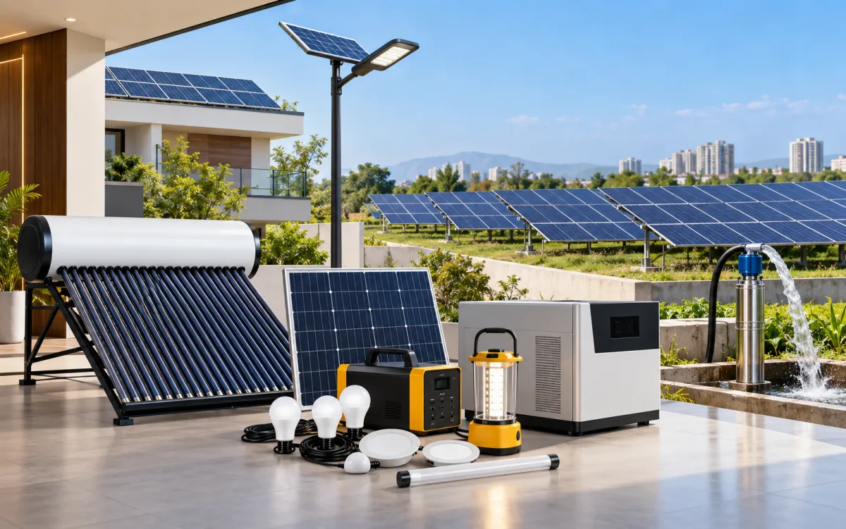 Solar product showcase with water heating, lighting, power pack, lantern, pump and solar plant solutions