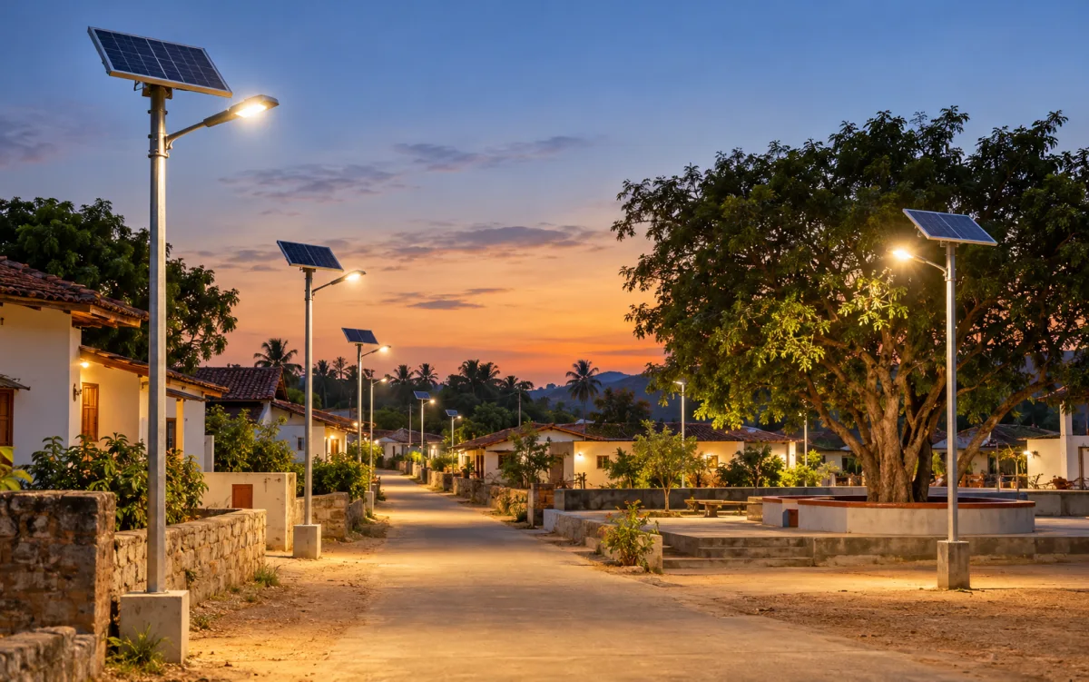 Solar-powered rural community lighting on a village road at dusk