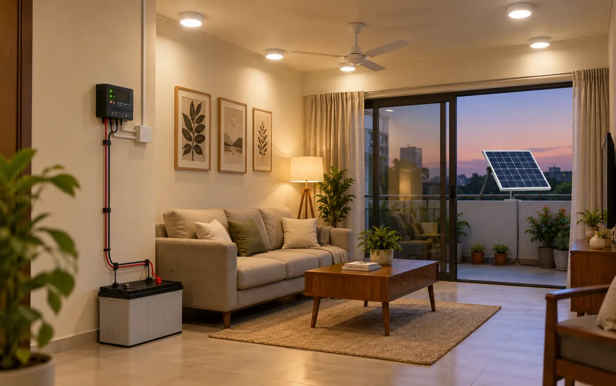 Solar home lighting system with panel, battery controller and LED lights in a residence