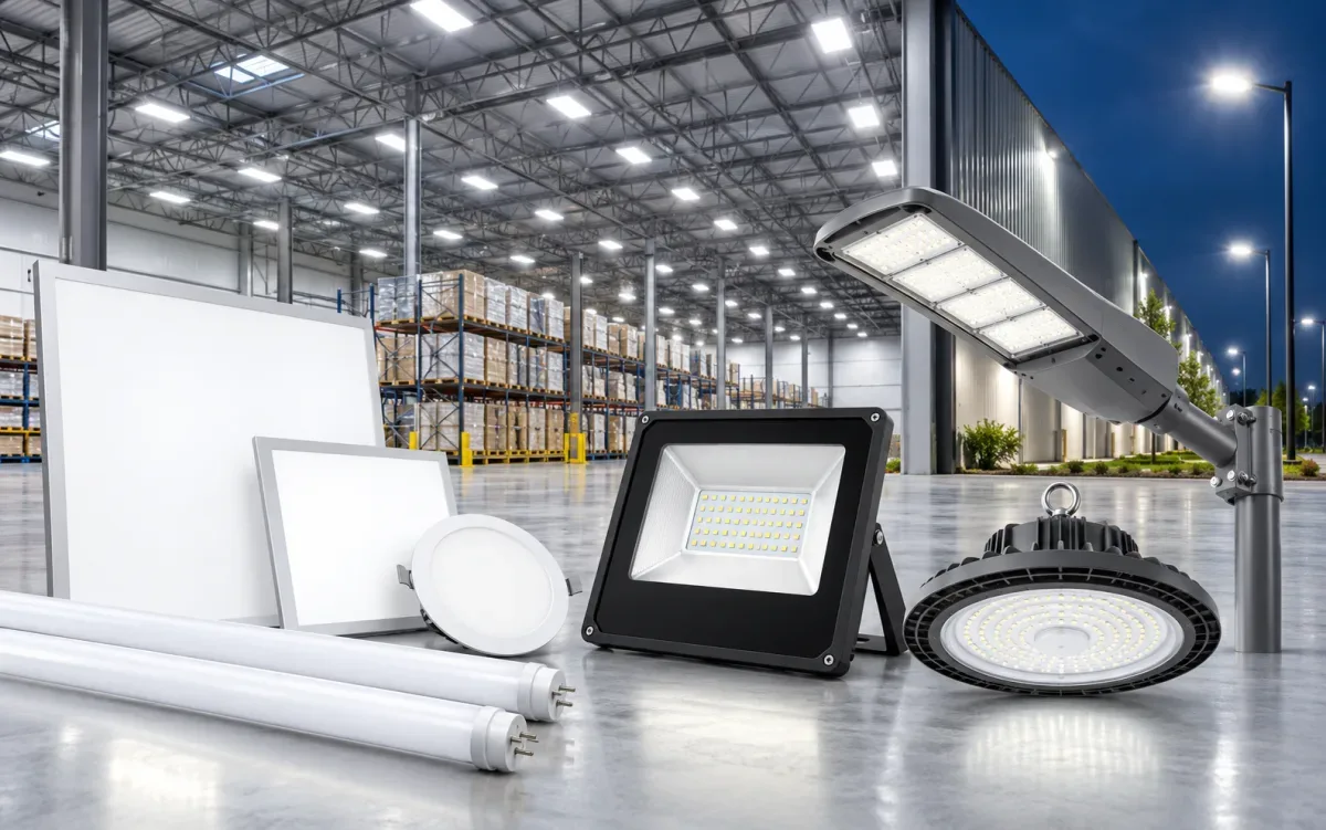 Commercial and industrial LED lighting fixtures in a clean project setting