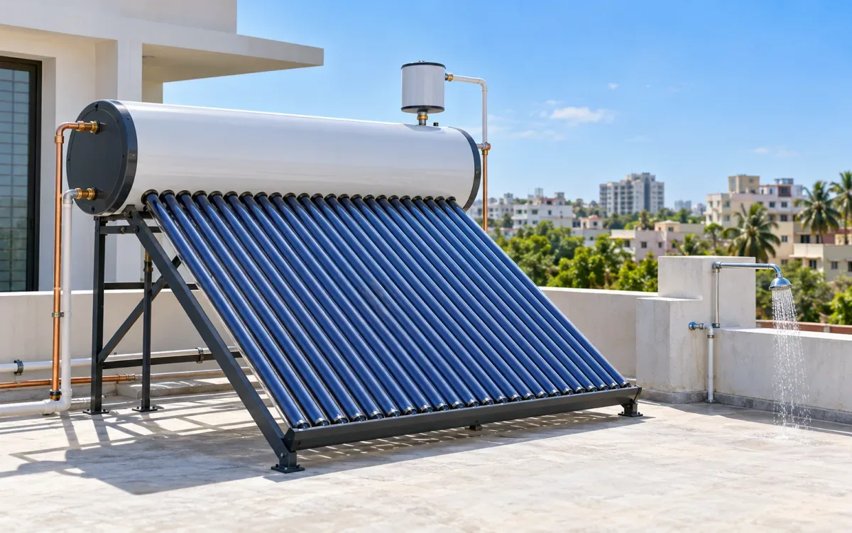 Solar water heating system with rooftop collector tubes and water storage tank